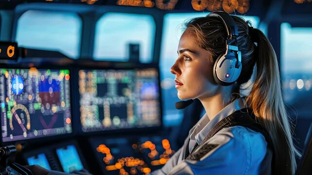 smiling young female air traffic controller working in control tower at airport, woman working, girl, flight control, airplane, control panel, professional, job, worker, screens, technology, operator