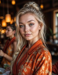 Obraz premium Elegant woman in embroidered orange robe with artistic lighting