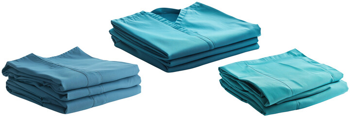 Neatly Stacked Surgical Scrubs in Various Shades of Blue and Green Isolated on a Transparent Background