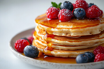 close-up shot of a stack of fluffy pancakes drizzled with maple syrup and