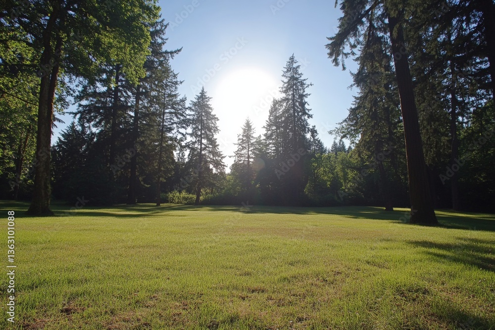 Aufkleber Sunlight filters through tall trees in a tranquil forest setting during early morning hours