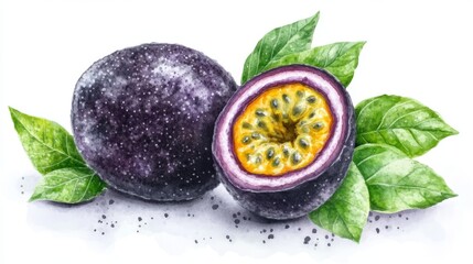 A tropical fruit illustration with detailed botanical features, showcasing passion fruit on a white background in a vintage style