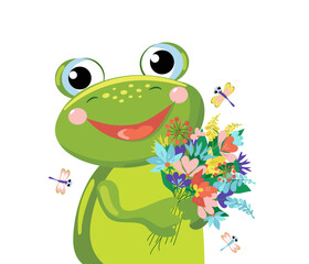 Funny cartoon frog with flowers in hands. Bouquet of abstract flowers. Cute character. Illustration on white isolated background.