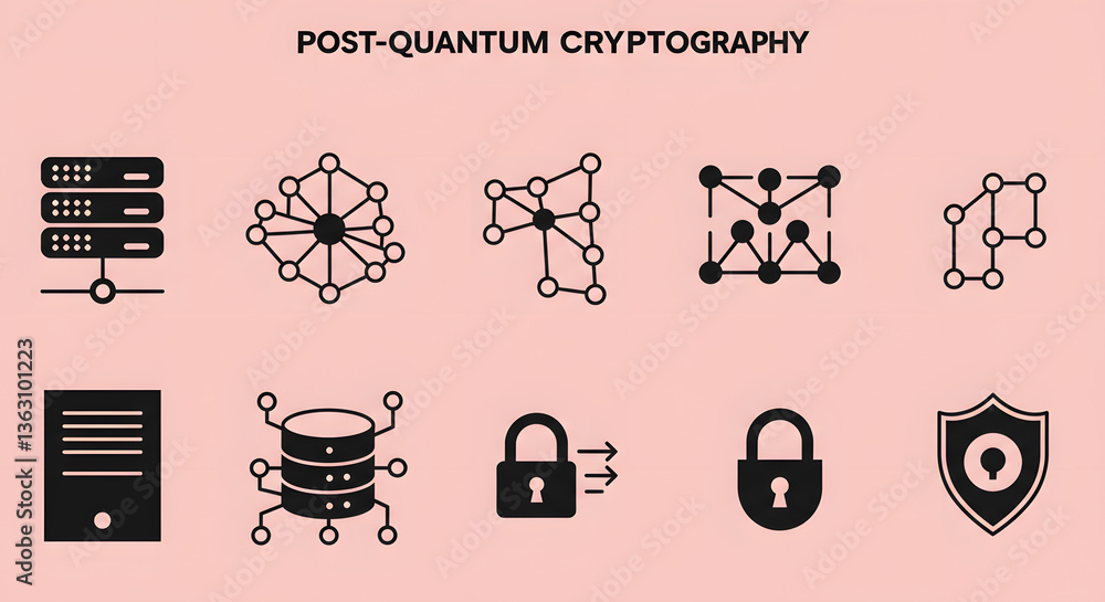 Poster deciphering the future: icons of post-quantum cryptography, representing the forefront of cybersecur