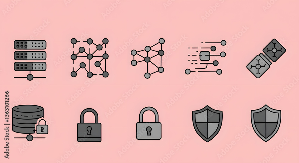 Poster digital security icon set: illustrated collection of technology, data, and network icons, representi