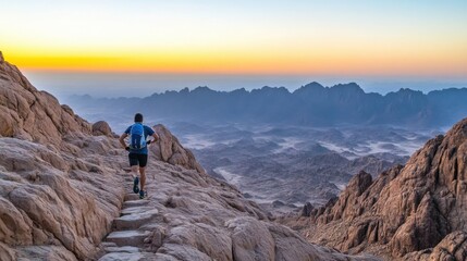 Fototapeta premium Runner on Rocky Mountain Trail at Sunrise in Stunnning Landscape