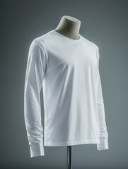Long sleeve t-shirt mockup, angled side view of a shirt displayed on a mannequin in a studio, clean blank surface for designs