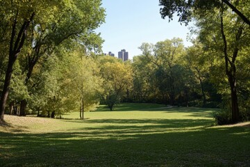 Obraz premium Lush green park with towering buildings in the background during a clear blue sky day
