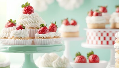 Mint green bakery-themed setting with a soft checkered awning, showcasing a variety of strawberry shortcakes and whipped cream pastries.