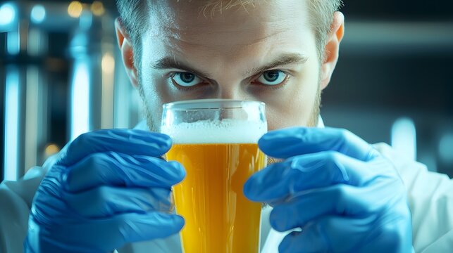 A Brewmaster's Keen Inspection: A focused brewmaster, clad in lab attire and gloves, meticulously examines a glass of golden beer, capturing the precision of craft brewing.