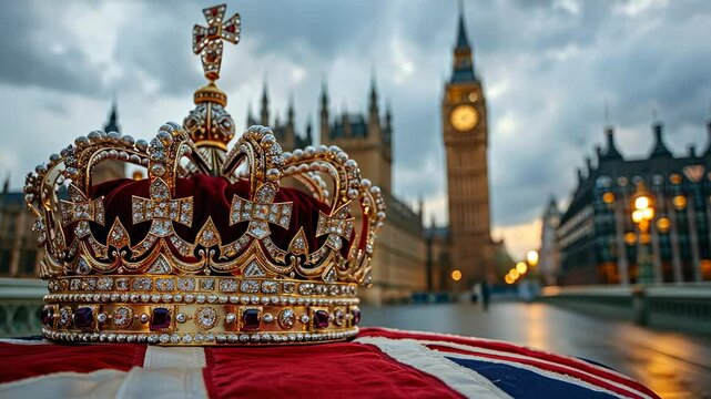 golden crown and British flag, illustration, monarchy, coronation, Great Britain, drawing, jewel, gold, symbol, power, king, queen, kingdom, greatness, heraldic, royal, big ben, parliament