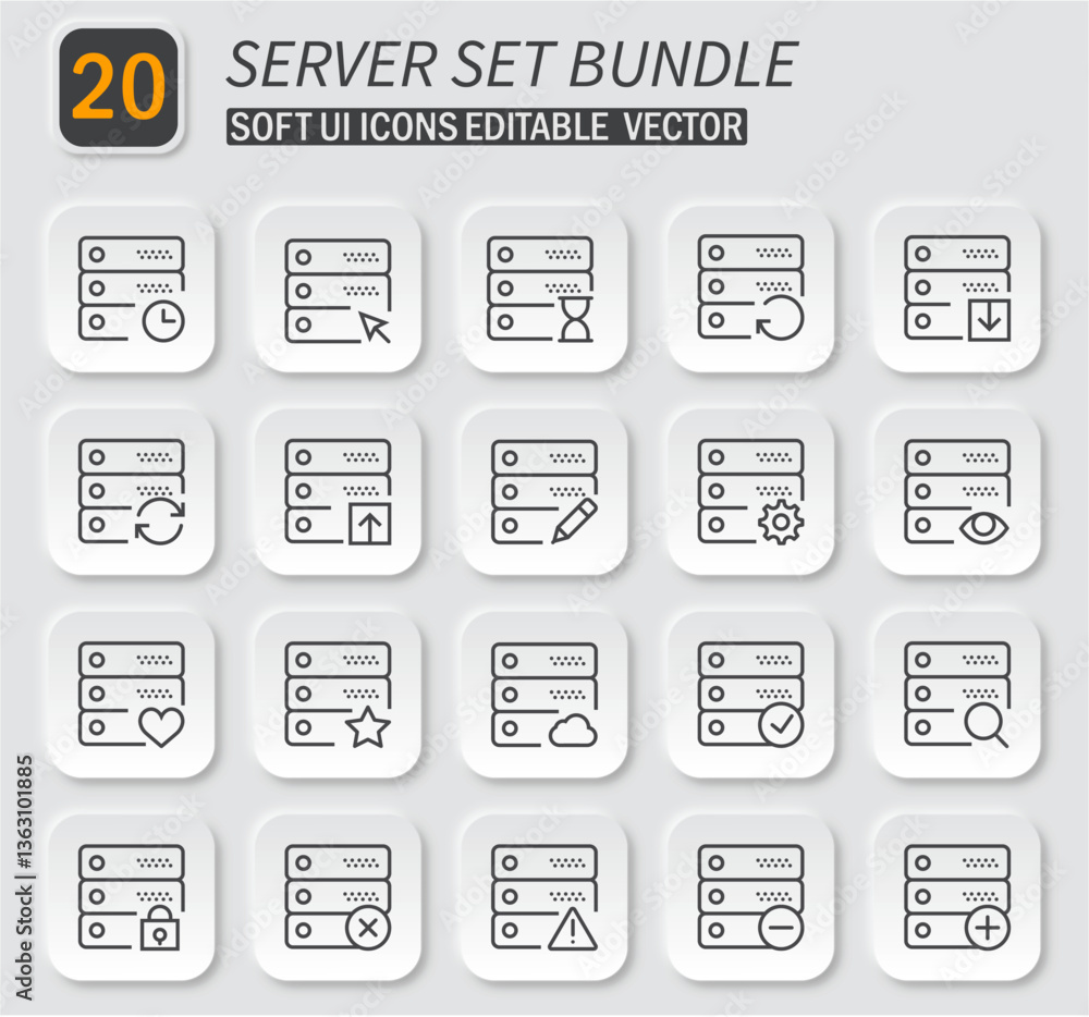 Poster modern server set bundle: 20 soft ui icons for editable vector graphics