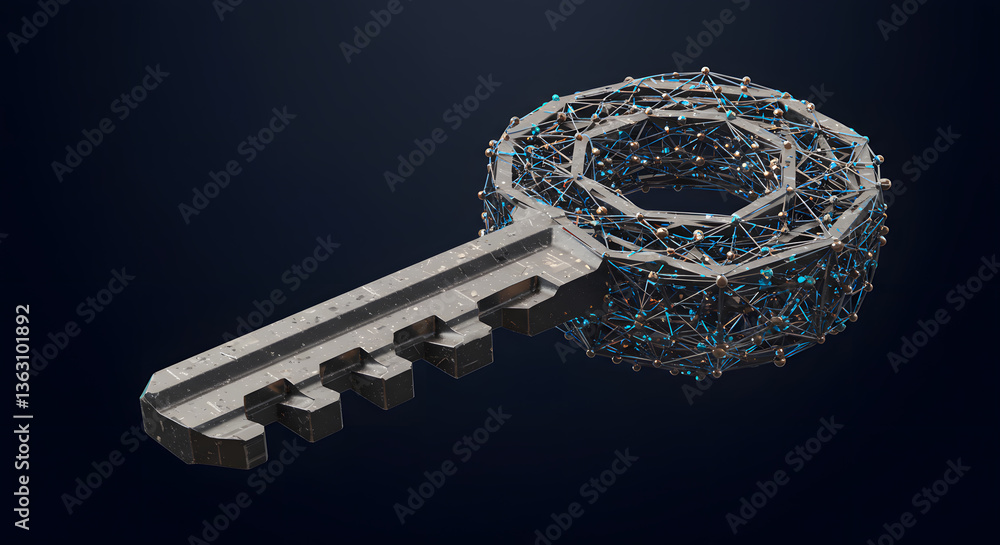 Poster digital key to unlock: a futuristic, abstract representation of a key constructed from interconnecte