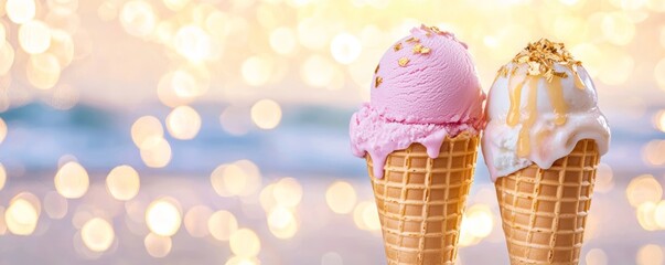 Two dripping ice cream cones in playful summer shades, set against an abstract bokeh ocean view with warm golden light.