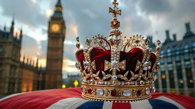 golden crown and British flag, illustration, monarchy, coronation, Great Britain, drawing, jewel, gold, symbol, power, king, queen, kingdom, greatness, heraldic, royal, big ben, parliament