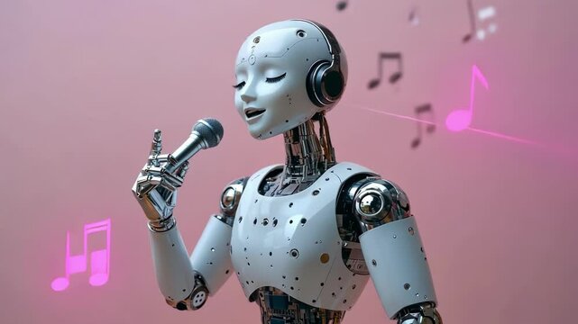 Humanoid robot singing with musical notes on pink background