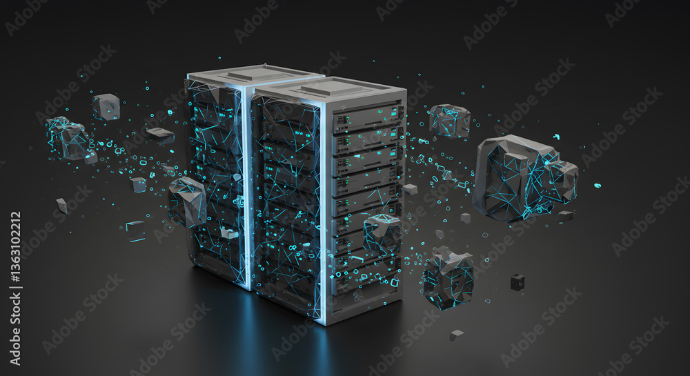 Poster digital fortress: a detailed look at a cutting-edge data center server, rendered with precision. the