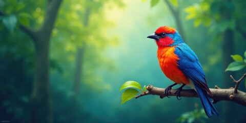 Obraz premium A Vibrant Bird Perched on a Branch in a Lush, Verdant Forest, Displaying Striking Red and Blue Plumage