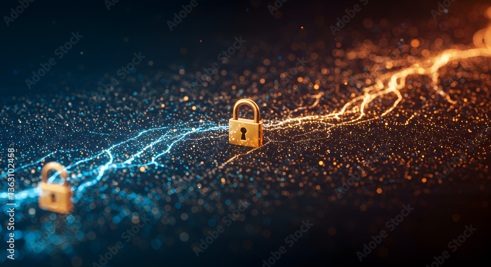 Poster digital security: illustrating the essence of cybersecurity with a dynamic composition of glowing pa