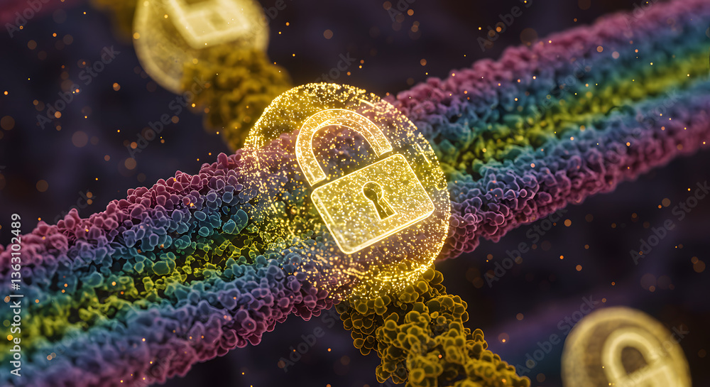 Poster digital security chain: a close-up view showcases a vibrant, interconnected chain, with a glowing pa