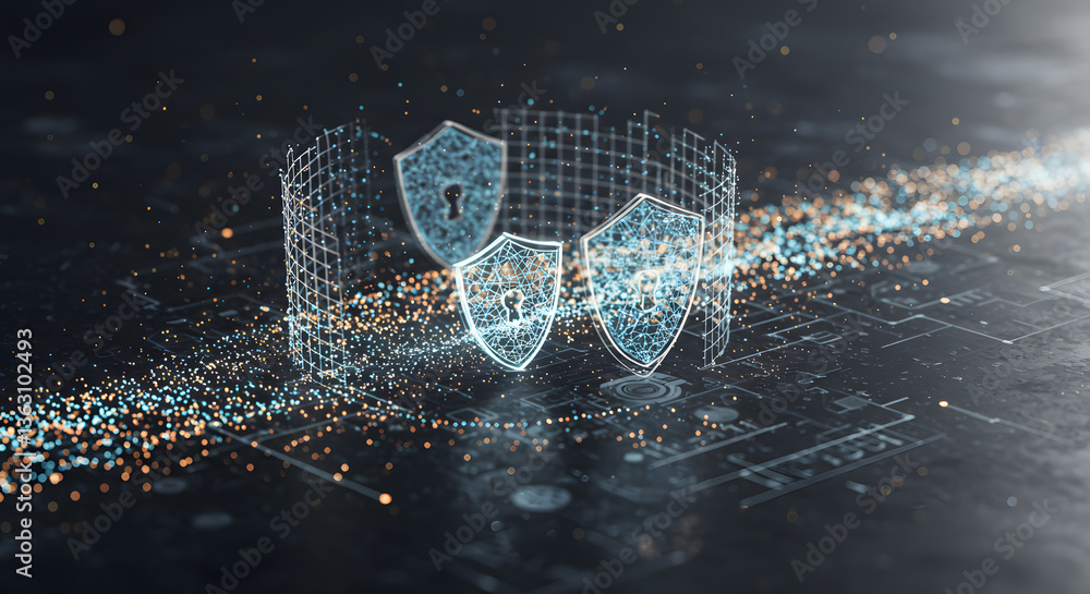 Poster digital shield: a captivating digital representation of a shield, a metaphor for cybersecurity.