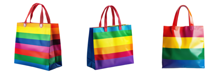 Colorful striped tote bags showcasing vibrant rainbow patterns isolated on a transparent background