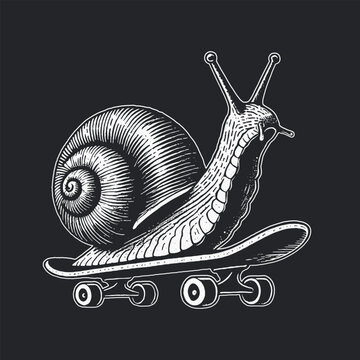 recommend clip art: snail riding skateboard hand drawn style engraving vector for t-shirt printing on dark background