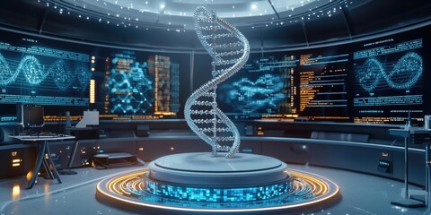 Futuristic laboratory with digital dna helix and high-tech data screens in blue and orange lighting
