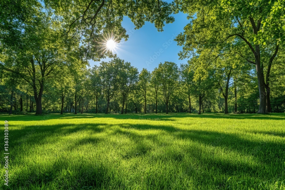 Poster lush green park landscape under sunlight with tall trees creating a serene atmosphere