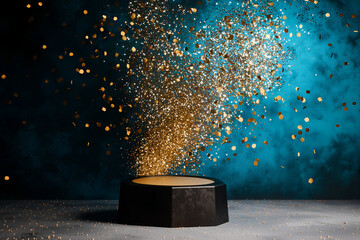 Black octagonal pedestal with gold glitter explosion on a teal and gray background, product display, luxury presentation, celebration, festive backdrop, premium product showcase.