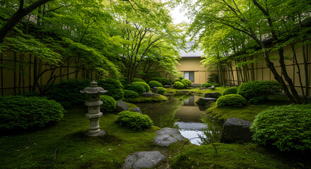 Serene Japanese Garden: A tranquil oasis of Japanese garden design, featuring meticulously manicured bushes, a serene pond, and a stone lantern, all embraced by vibrant greenery.