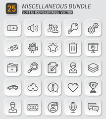 Versatile collection of twenty-five minimalist outlined soft UI icons editable vector