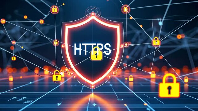 HTTPS digital security shield icon with padlocks and data network connections