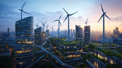 Obraz premium Futuristic sustainable cityscape with green rooftops and wind turbines at dusk