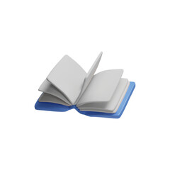 Blue hardcover opened book with white sheets fluttering 3D style vector icon, volume notepad textbook or literature