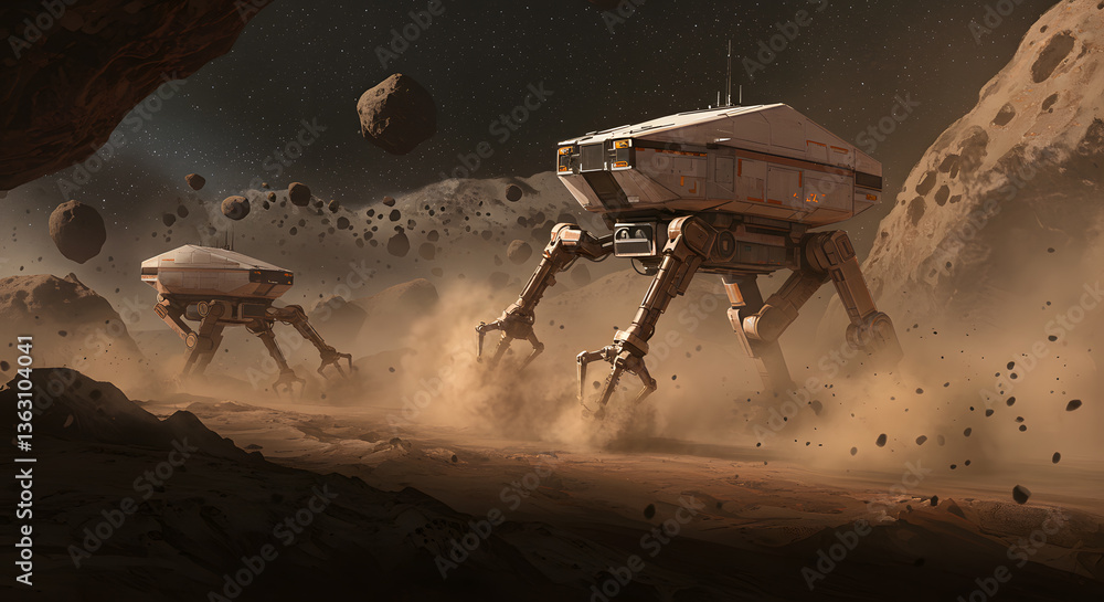 Poster robotic rovers on alien terrain: a scene showcasing two advanced robotic rovers traversing a desolat