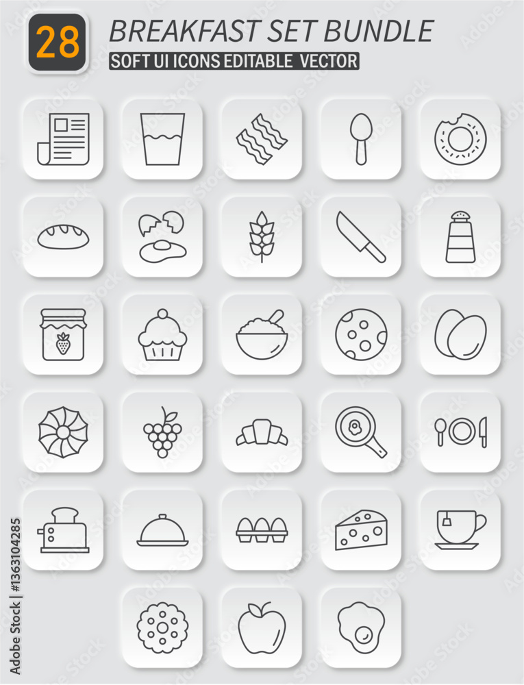 Poster Breakfast Icon Set Bundle: Editable Soft UI Vector Graphics for Culinary Themes