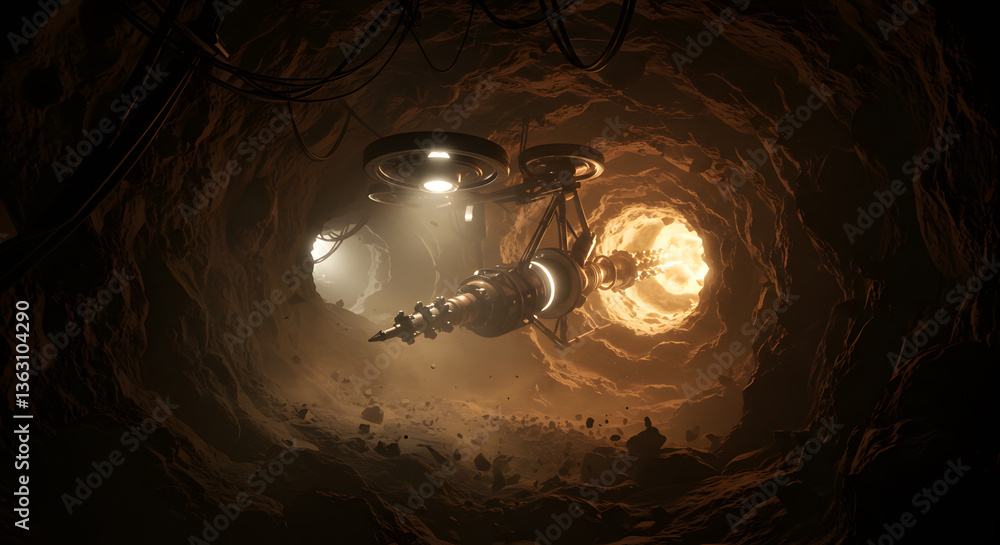Aufkleber illuminated journey: a spacecraft navigates a dark tunnel, its lights illuminating the cavernous spa