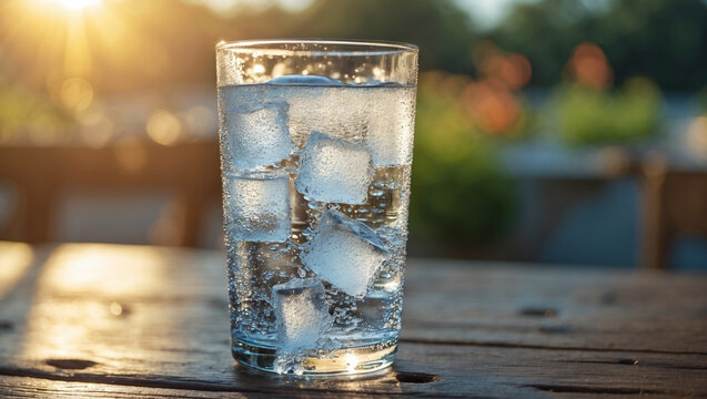 Refreshing sparkling water with ice cubes on a sunny summer afternoon, bathed in warm golden light. - Powered by Adobe