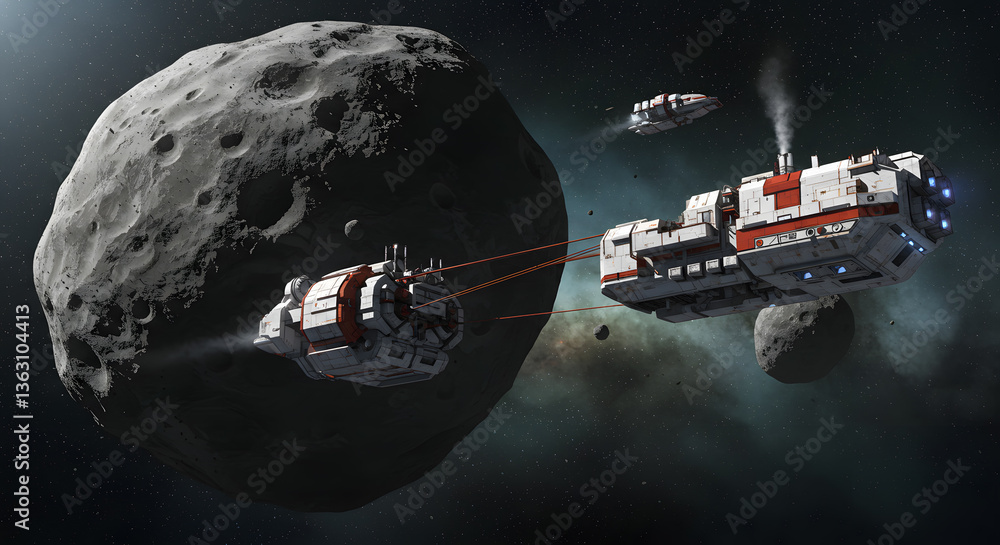 Aufkleber interstellar exploration: spaceships dock and engage with an asteroid in deep space, illustrating th
