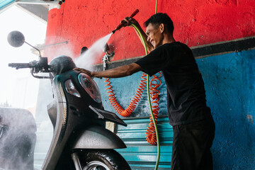 Motorcycle cleaning service, expert washing at work