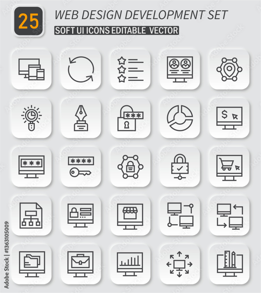 Poster collection of 25 modern web design and development vector outline icons set