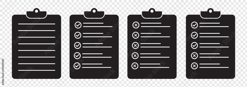 Poster checklist icon set. containing clipboard with checkmark, document, checkbox on paper icon vector ill