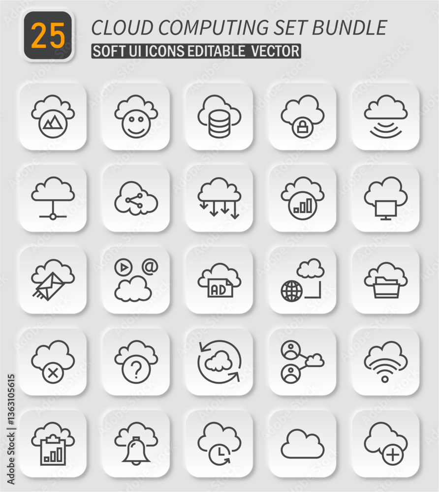 Poster diverse cloud computing icon set showcasing modern design elements for digital interfaces
