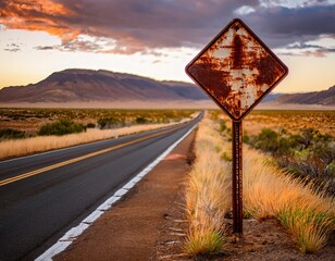 Rusty road sign stands beside empty highway with mountains in the background during sunset