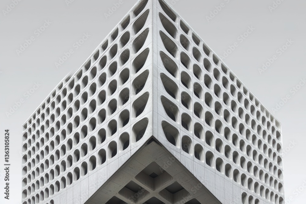 Poster a modern architectural structure featuring a geometric design with distinctive cutouts, showcasing a
