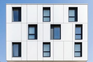 Fototapeta premium A modern building facade featuring a symmetrical arrangement of windows against a clear blue sky, showcasing contemporary architectural design.