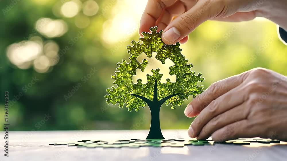 Poster collaborative effort to achieve net zero showcased through a tree puzzle assembly on world environme
