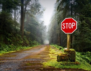 Stop sign along a gravel road in a misty forest during early morning hours