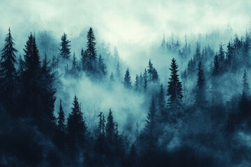 Forest engulfed in dense fog with towering trees.
